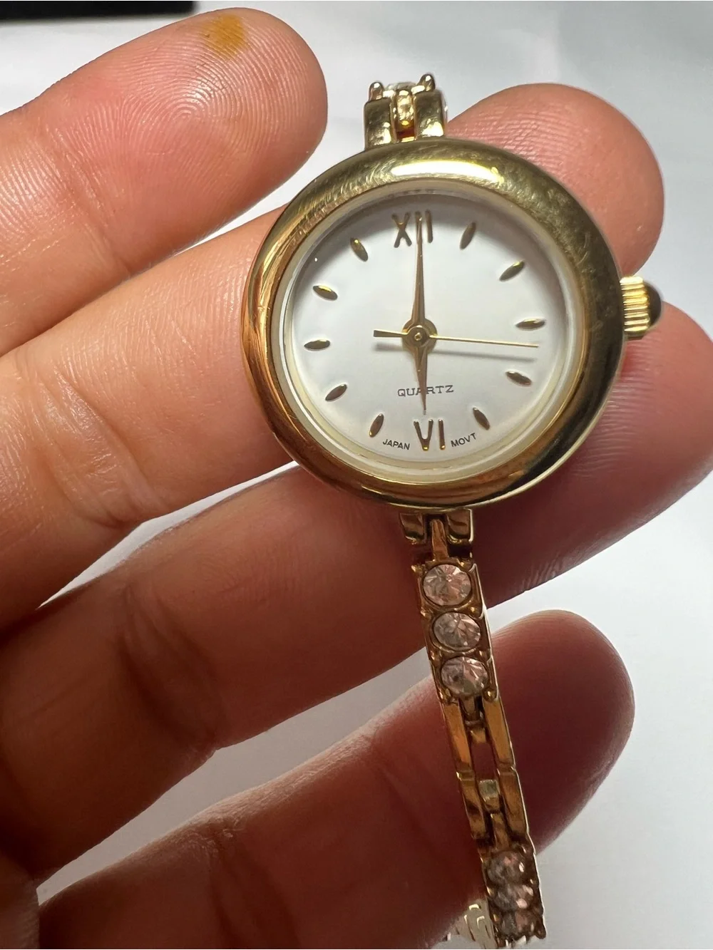 QUARTZ Watch Women Gold Tone Rhinestone Thin Band Needs Battery